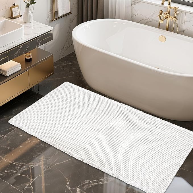 ZALL Waffle Bath Mat White Super Absorbent Non Slip Bathroom Rug 24x48inch,Machine Washable Ultra Soft Floor Mats