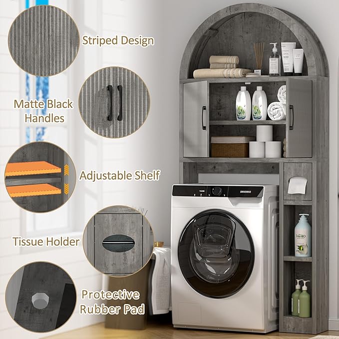 Spurgehom Over The Toilet Storage Cabinet, Bathroom Shelf Organizer Freestanding, Bathroom Arch Cabinet Over Toilet with Toilet Paper Holder and Anti-Tipping Device, Grey