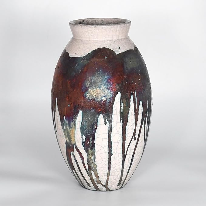 RAAQUU Large Oval Ceramic Half Copper Matte Vase S/N0000186 13.5" Raku Clay Pottery Handcrafted Art Home Décor Table Centerpiece Unique Gift for Her, Mom