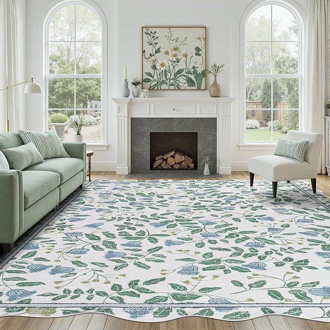 DCX Washable Botanical Floral Rug 8x10, Blue and Green Scalloped Rug, Non Slip Low Pile Carpet for Bedroom, Living Room, Kid & Pet Friendly