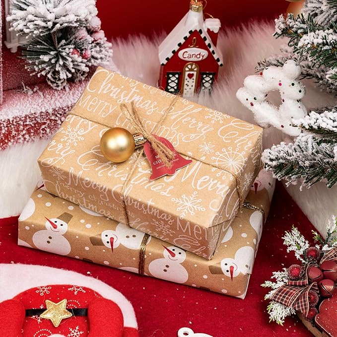 MAYPLUSS Kraft Christmas Wrapping Paper Roll - Mini Roll - 17 in X 120 in Per roll - White Snowman, Let it Snow Design Snowflake for XMAS,Party Birthday gift wrap (42.3 sq.ft.ttl)