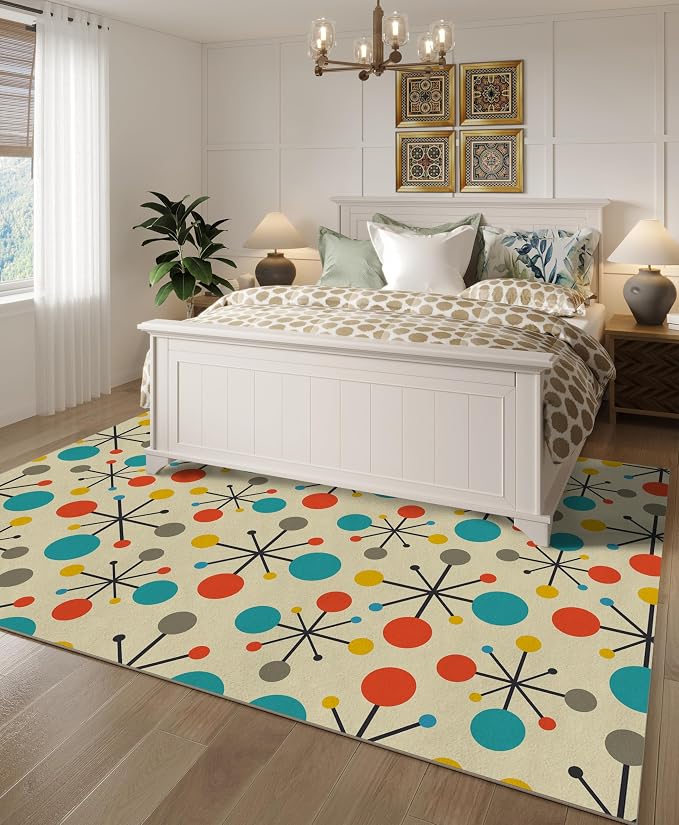 Retro Area Rug for Living Room Bedroom Dining Room 5x7, Mid Century Modern Atomic Living Room Rug Non-Slip, Yellow Floor Rug Carpet Machine Washable