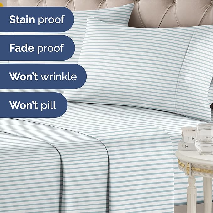 Striped Sheets - Blue & White Striped Sheets - 1 Flat & 1 Fitted & 2 Pillowcases w/ Deep Pockets – Wrinkle & Fade Free - Ultra-Soft, Breathable and Cooling - Luxury Pinstripe Bedding - Queen Size Set