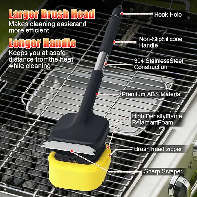 Grill Brush Bristle Free with 2 Replaceable Heads, Steam-Enhanced Scraper for Cast Iron & Stainless Steel Grates, Safe Non-Scratch Barbecue Cleaner for Outdoor Grills