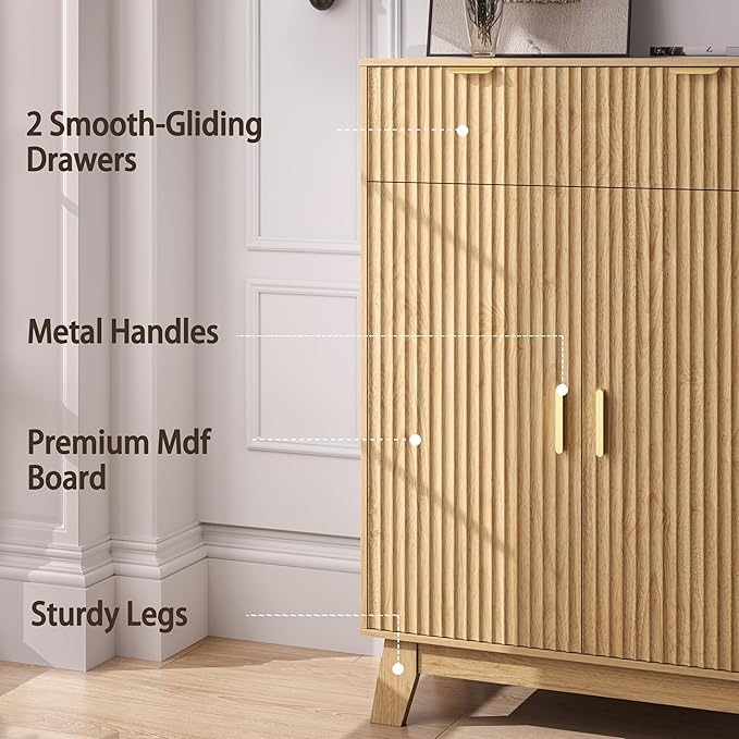 BOXACTION Fluted Shoe Cabinet, 4-Tier Mid Century Modern Narrow Shoe Storage Cabinet with Doors & 2 Drawers, Adjustable Shelves, Freestanding Hidden Shoe Rack Organizer & Wooden Legs for Entryway