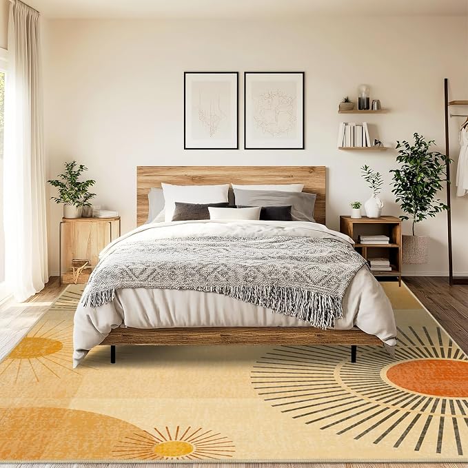 9x12 Large Area Rug for Living Room Sun Rug Mid Century Modern Rugs Machine Washable Boho Geometric Rug Non Slip Printed Low Pile Indoor Floor Carpet for Dining Room Bedroom Office,Yellow
