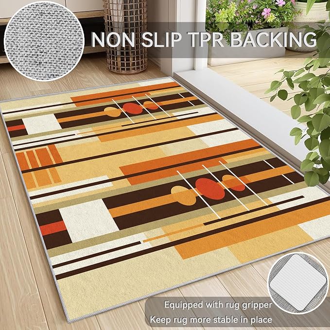 Contemporary Geometric Rug 8x8, Washable Retro Stripe Rugs for Living Room Bedroom, Mid Century Modern Area Rug for Home Decor, Non Slip Backing Floor Carpet with Gripper - 8 x 8 ft