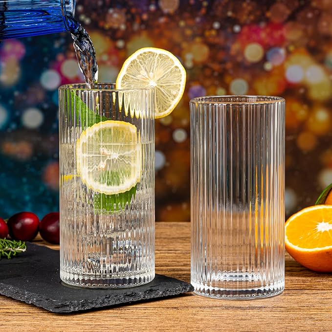 Ribbed Glassware Vintage Drinking Glasses 6Pcs -13OZ Clear Ribbed Drinking Glasses For Coffee, Cocktails, Smoothies, Juice, Beer, Water - Dishwasher Safe Lead-Free - Christmas Thanksgiving Gifts