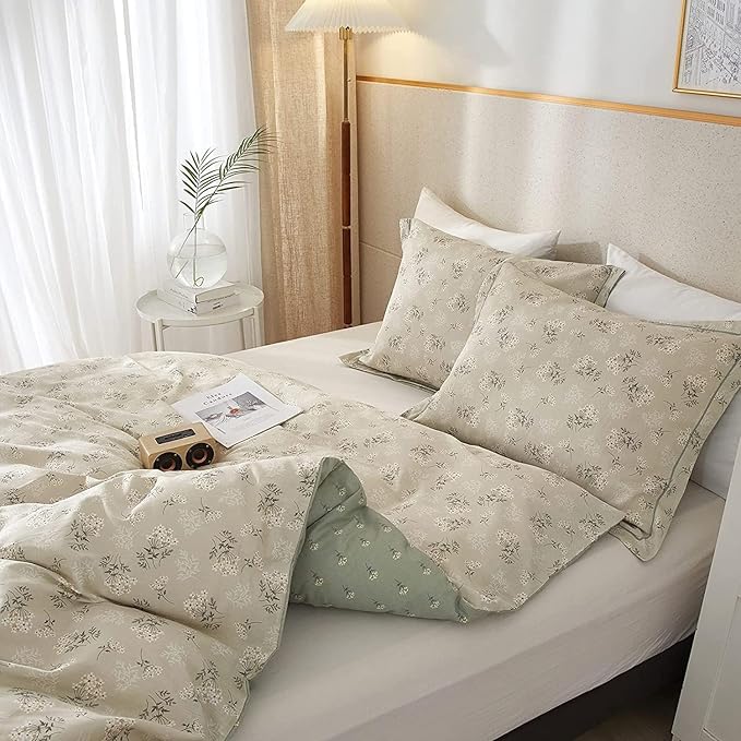 LifeTB Boho Floral Duvet Cover Twin XL Cotton Aesthetic Floral Bedding Sets Vintage Garden Floral Comforter Cover Beige Sage Green Floral Botanical Duvet Cover with Zipper Closure 4 Ties
