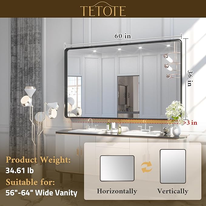 TETOTE White Framed Mirror for Bathroom 60 x 36 Metal Frame Wall Mounted Rectangle Mirror for Vanity with Sandy Textured Surface(Horizontal/Vertical)