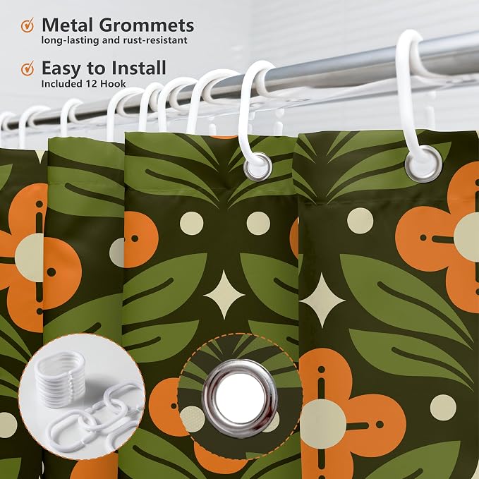MEHOFOND Orange Floral Green Shower Curtain Vintage Mid Century Modern Abstract Geometric Bathroom Curtain Boho Retro Classic 1950S 1960S Home Bathtub Decor Fabric Waterproof Bath Curtain 72x72 Inch