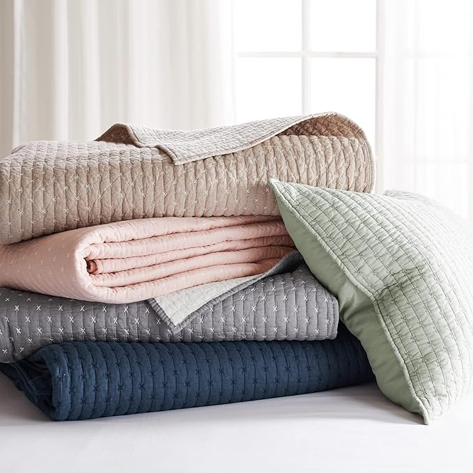 Levtex Home Cross Stitch Reversible King/Cal King Quilt Set (106x92in) and 2 Pillow Shams (36x20in) - Stitch Texture - Desert Sage - Cotton King Size Quilt Bedding Set - Lightweight Soft Pre-Washed