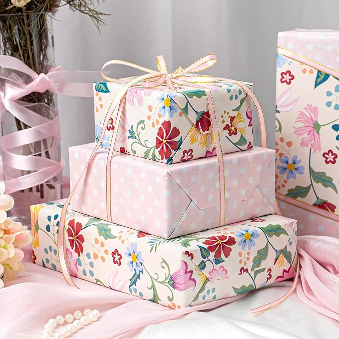 Merture Floral Wrapping Paper Roll with Pink Polka Dots Reverse- 17 In X 32.8 Ft(46.5 sqft) Vintage Warm Flower Design Gift Wrap for Mothers Day, Valentines Day, Birthday, Wedding, Anniversary