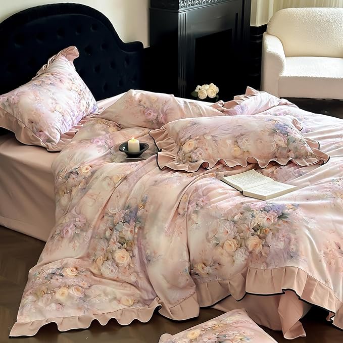 HighBuy French Ruffle Duvet Cover Queen Size,Brushed Cotton Soft Pink Floral Chic Cottagecore Bedding Set Breathable for Hot Sleepers,Durable Comforter Cover Set - 1 Duvet Cover 2 Pillowcases