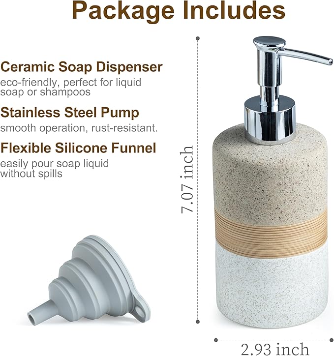 Ceramic Dish Soap Dispenser Set with Silicone Funnel, Hand Soap, Shampoo, Body Wash, Lotion Dispenser for Kitchen and Bathroom, Stainless Steel Pump, Non Slip, 12 Oz