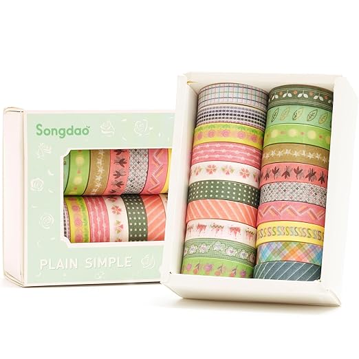 Songdao 20 Rolls Basic Washi Tape Set Japanese Arts Adhesive Tapes Simple Patterns Decorative Masking Tape Sets for Craft, Kids, Scrapbook, DIY, Gift Wrapping (Style Five)