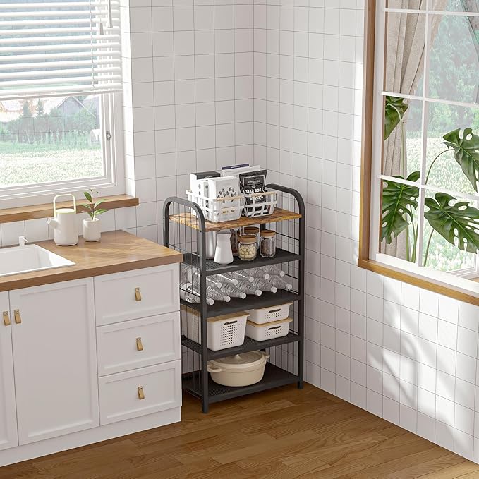 BWOORACKU Shoe Rack, 5-Tier Shoe Organizer with Guardrails, Heavy-Duty Metal Mesh Shelves & Rustic Wooden Top for Stylish Closet & Front Door Storage