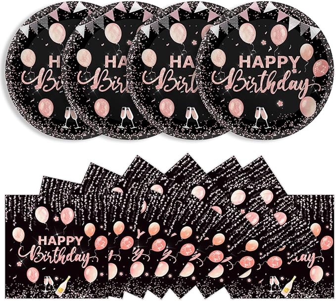 40 Pcs Happy Birthday Plates and Napkins Party Supplies, Rose Gold Paper Plates Napkins Disposable Tableware Set for Women Girls Birthday Party Decorations