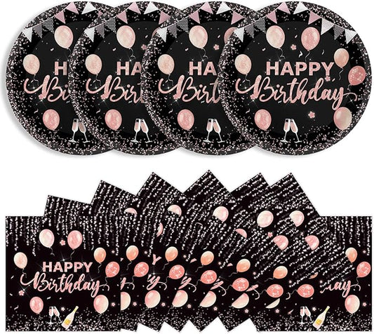 40 Pcs Happy Birthday Plates and Napkins Party Supplies, Rose Gold Paper Plates Napkins Disposable Tableware Set for Women Girls Birthday Party Decorations