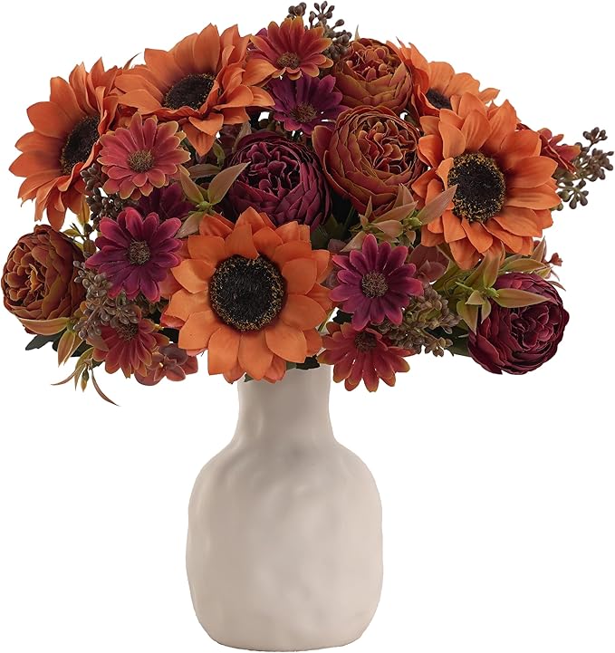 3 Bunches Sunflowers Fake Flowers, Fall Silk Artificial Sunflowers Decorations for Home Office, Wedding, Autumn Floral Arrangements, Halloween, Thanksgiving, Harvest Festival Decoration