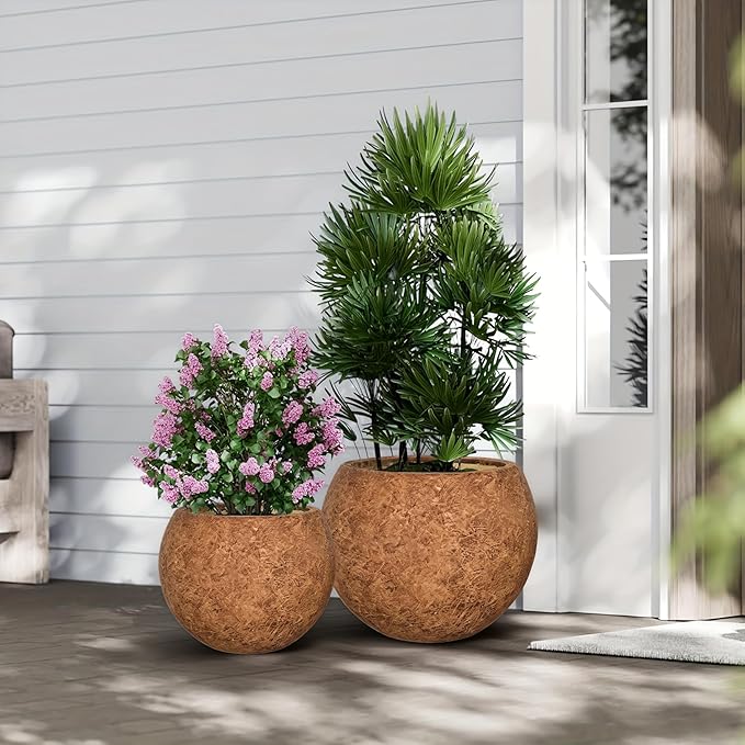 13.5 H x 17" Dia (12" Pot Opening) Round Fiberstone Planter with Drainage Hole, White, Indoor/Outdoor Large Plant Pot for Home Patio Garden, Ideal for Plants (Camel, Medium)