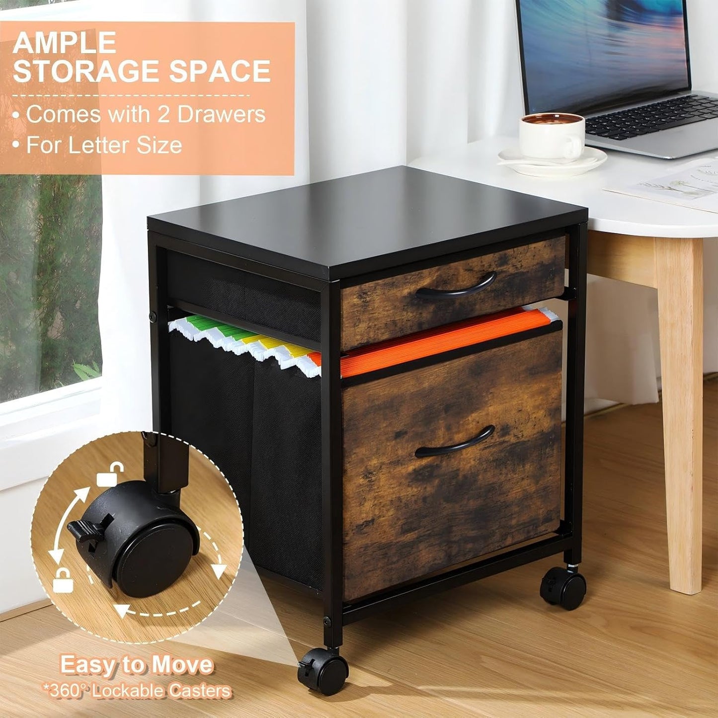 AceOrbit Rolling Mobile File Cabinet - 2 Fabric Drawers, Lockable Wheels, Rustic Brown Finish for Home Office