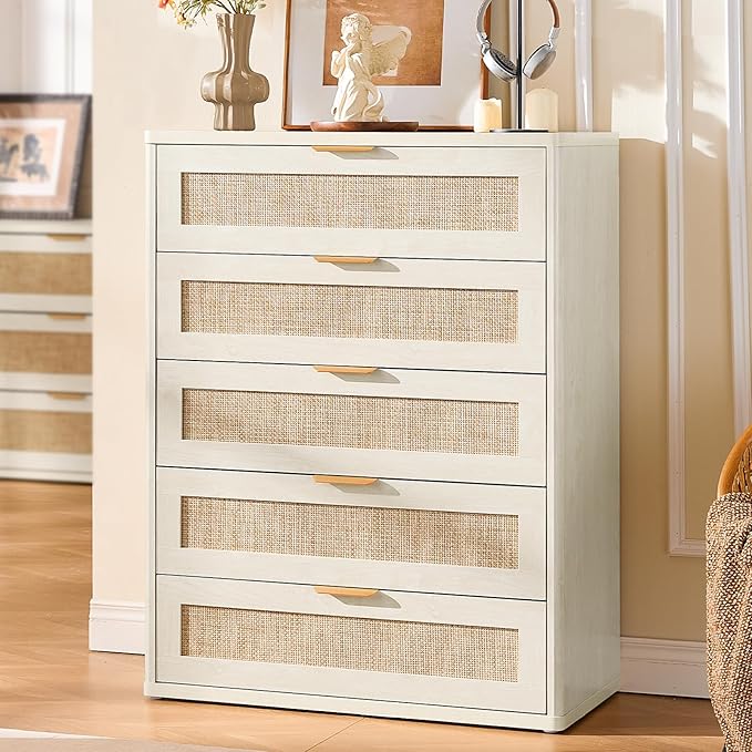 LEYAOYAO Rattan Dresser for Bedroom 41" Tall Chest of Drawers, Modern 5 Drawers Boho Dressers with Storage, Light Oak Dresser Wooden Closet Organizer for Living Room, Hallway, Grey White