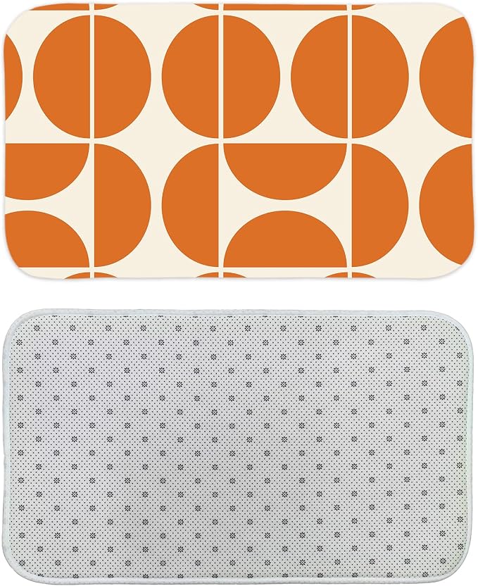 Orange Mid Century Modern Bath Mat, Boho Abstract Geometric Semicircle Retro Art Bath Rug for Bathroom, Colorful Unique Pattern Flannel Bath Mat Soft Non Slip Bath Rugs 29X17IN