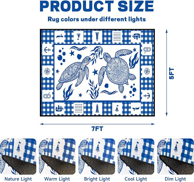 Sea Turtle Rug Coastal Ocean Print Floor Mat Blue and White Plaid Area Rug for Bedroom Living Room Nursery Kitchen Playroom Home Decor Non-Slip Washable Carpet,5'x7'