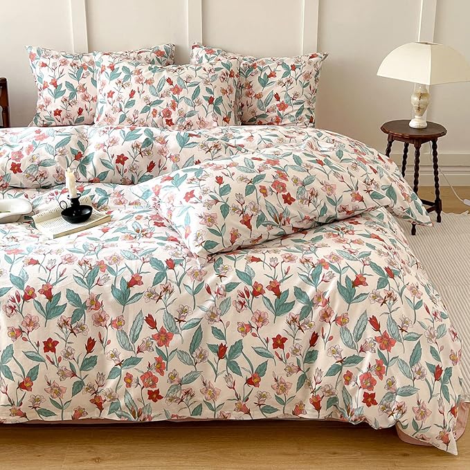 EAVD Red Floral Duvet Cover King Soft 100% Cotton Garden Floral Leaves Botanical Bedding Set with 2 Pillowcases Chic Shabby Vintage Floral Comforter Set with Zipper Closure