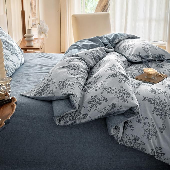 VM VOUGEMARKET Duvet Cover Set King Size Linen Cotton Yarn-Dyed Duvet Cover,Jacquard Garden Floral Pattern Monet Style 3Pieces Bedding Set,Navy Blue