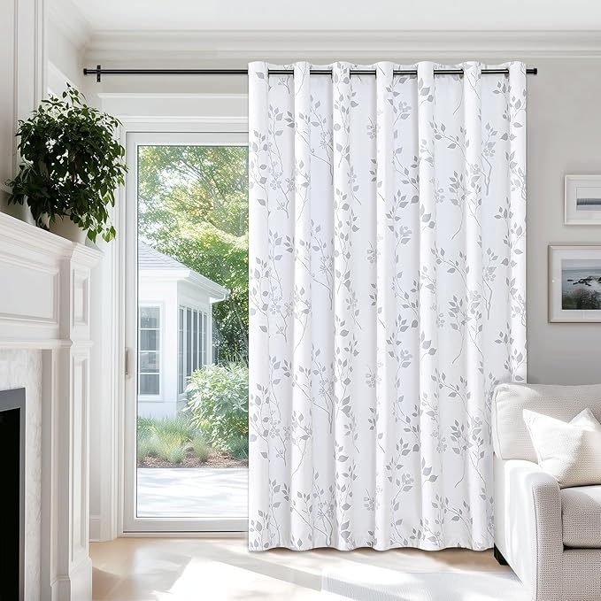 Beauoop Floral 100% Blackout Curtains 84 Inch Length 1 Panel for Patio Sliding Door Extra Wide Grey White Flower Patterned Divider Room Darkening Thermal Soundproof Grommet Window Drapes,100x84, 1 set