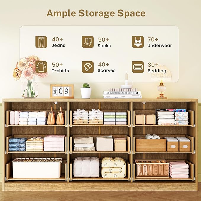 TEENFON Fluted Dresser for Bedroom with 9 Drawers, 63" Wide Modern Chest of Drawers with Metal Handle & Curved Profile Design, Wood Closet Clothes Storage Organizer for Living Room, Hallway, Natural