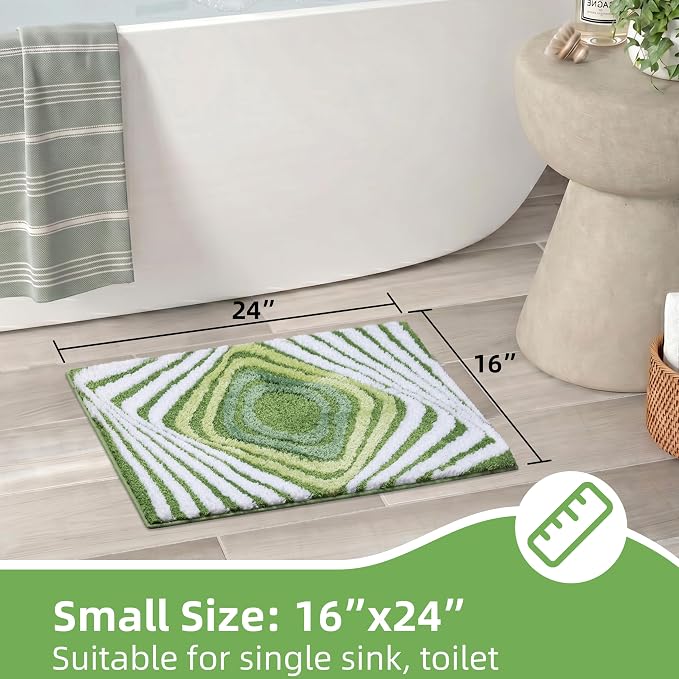 Funky Green Bathroom Rug, Non Slip Plush Microfiber Absorbent Bath Mat with 3D Striped Pattern, High Pile Tufted Shower Rug for Sink, Toilet, Tub, Machine Washable, 16"x24"