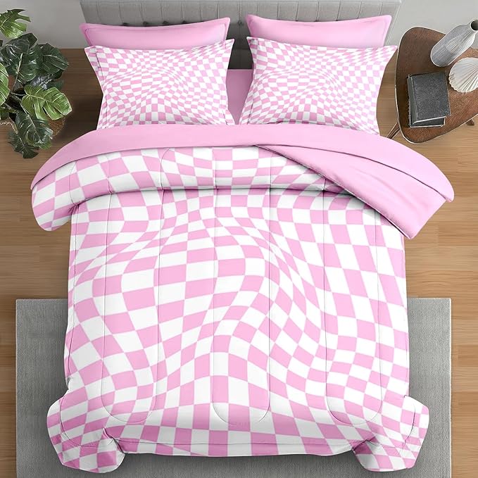 Comforter Set Full Size, Pink White Geometric Checkerboard 7 Pcs Bedding for Kids and Adults, Chess Checkered Bedding Sets with Fitted Sheet 2 Pillowcase & 2 Sham for Bedroom Bed Decor