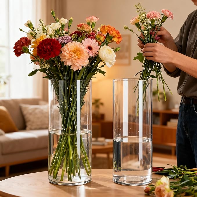 2 Pack Acrylic Cylinder Vases, Non-breakable Vase for Centerpieces, 8 inch Tall Clear Flower Vase Bulk Floating Candle Holder for Wedding Table Home Decor and Party