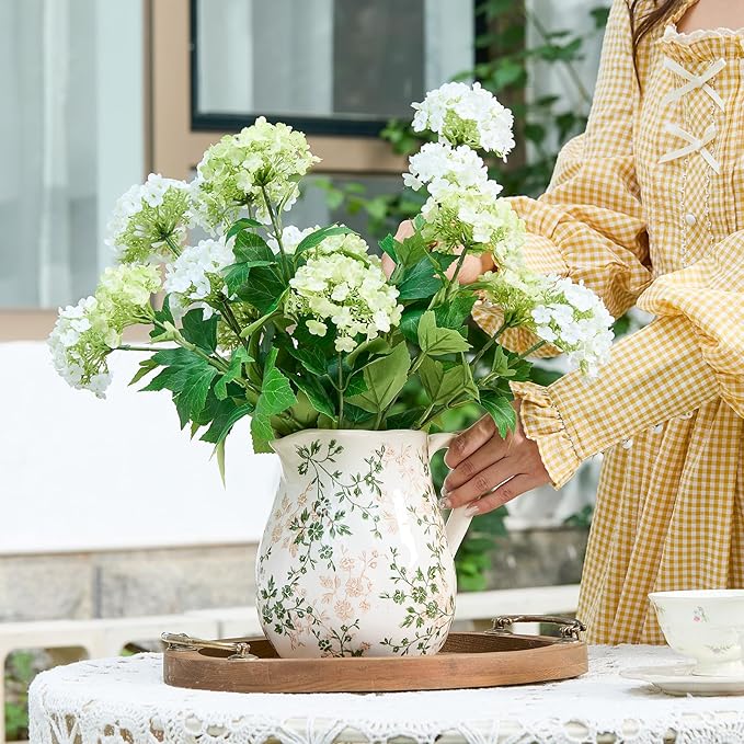 Ceramic Green and White Floral Vase with Handle, Rustic Farmhouse Pitcher Flower Vase, Chinoiserie Floral Vase for Home Decor, Living Room, Shelf, Office, Rustic Table Centerpiece 8 Inch