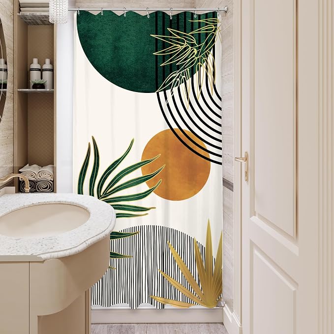 KOMLLEX Small Stall Mid Century Green Boho Shower Curtain 36Wx72L Inches Rv Half Abstract Modern Shower Curtains for Bathroom Minimalist Leaf Arch Sun Fabric Liner Waterproof Polyester 7 Pack Hooks