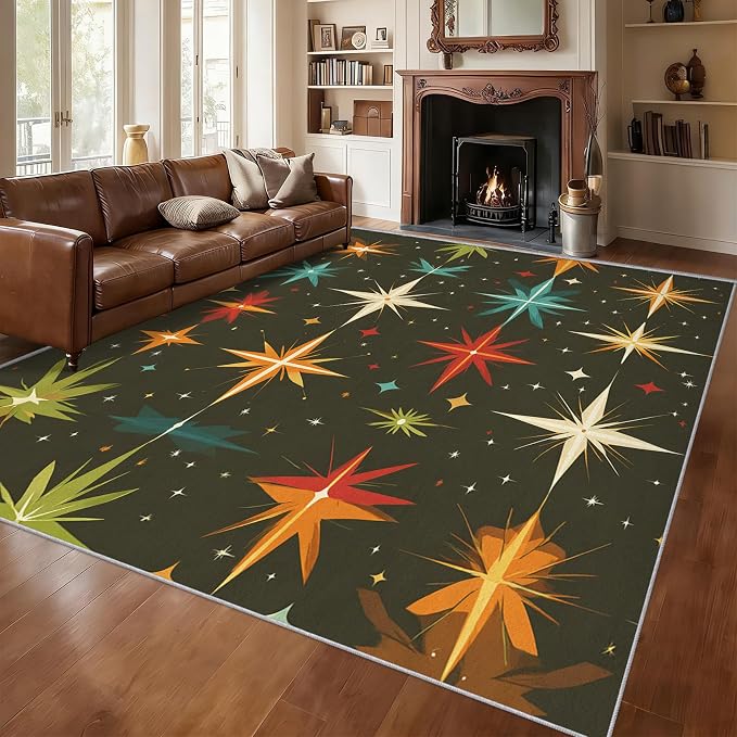 Atomic Rugs for Bedroom 6x9 ft, Abstract Starburst Area Rugs for Living Room, Washable Non Slip Low Pile Mid Century Modern Carpet, Home Decor PF-P 107
