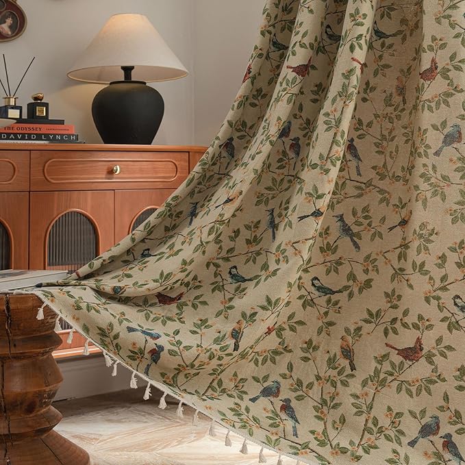 ENJOYBRIDAL Floral 63 Inch Curtains for Bedroom Jacquard Drapes Bird Patterned Semi Sheer Boho Short Window Curtains Living Room 2 Panels Farmhouse Rod Pocket Light Filtering Decor Window Treatments