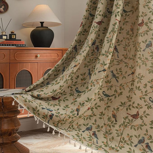 ENJOYBRIDAL Floral 63 Inch Curtains for Bedroom Jacquard Drapes Bird Patterned Semi Sheer Boho Short Window Curtains Living Room 2 Panels Farmhouse Rod Pocket Light Filtering Decor Window Treatments