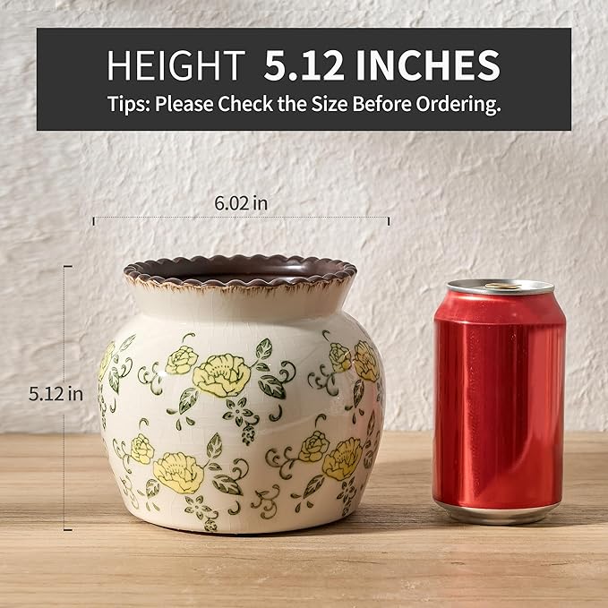 SIDUCAL Ceramic Yellow Rose Floral Vase with Wide Mouth Lace, 4.84 Inch Cracked Chinoiserie Rustic Farmhouse Vases, Pastoral Retro Vase for Home Decor, Table, Living Room, Bathroom, Shelf, Wedding