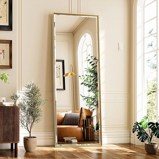16x60 Inch Brushed Gold Full Length Mirror with Beveled Edges, Anti‑Rust Gold Rectangle Standing or Wall Mounted Full Body Mirror for Bedroom, Living Room, Entryway, Bathroom Wall