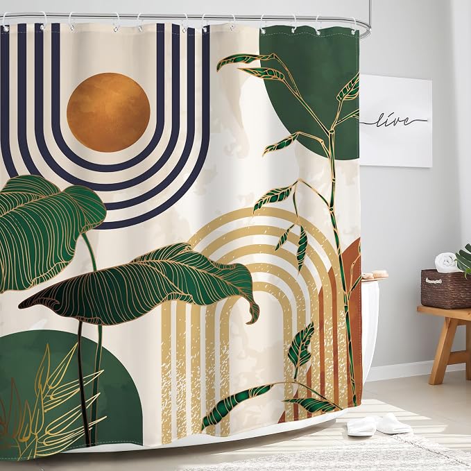 Glawry Abstract Mid Century Shower Curtain Green Retro Boho Tropical Palm Tree Sun Arch Bathroom Modern Minimalist Aesthetic 72Wx72L Inches Bath Accessories Art Home Decor Fabric 12 Pack Hooks