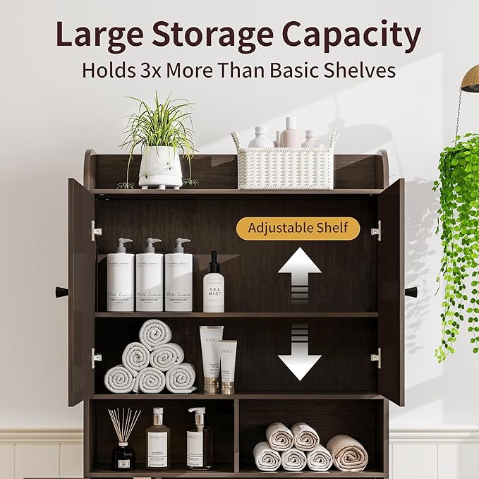 Over the Toilet Storage Cabinet, 32.3” W Farmhouse Bathroom Storage Cabinet Above Toilet with Toilet Paper Holder and Barn Doors, Freestanding Restroom Organizer Space Saving Rack, Rustic Brown