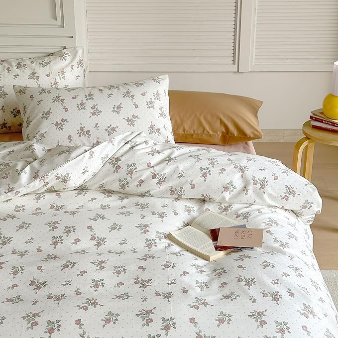 AOJIM Kids Adults Aesthetic Duvet Cover Set for Room Decor, Pure Cotton Comforter Cover Set 3pcs with Red Floral Pattern, 1 Super Soft Quilt Cover Queen Size and 2 Matching Pillowcases, No Comforter