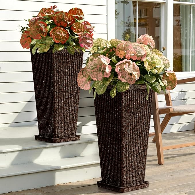 Square Tall Planters for Outdoor Plants Set of 2-23.6" Heavy-Duty Classic Tapered Indoor Flower Pots with Drainage Holes/Partition/Tray, Large Outdoor Planters for Porch Patio Garden, Brown
