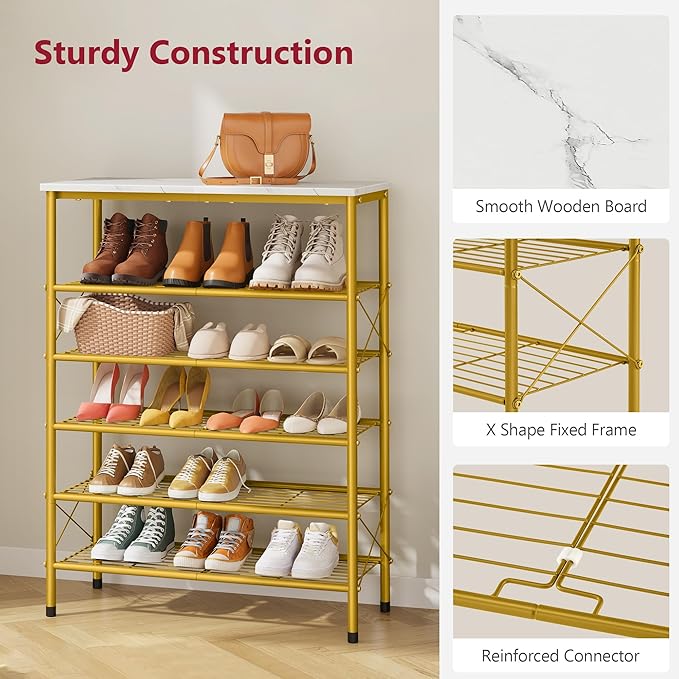 Tajsoon 6 Tier Shoe Rack Organizer for 20-24 Pairs of Shoes, Metal Mesh Shoe Shelf for Closet, Industrial Shoe Rack for Entryway Shoe Storage with X Shape Fixed Frame, White & Gold