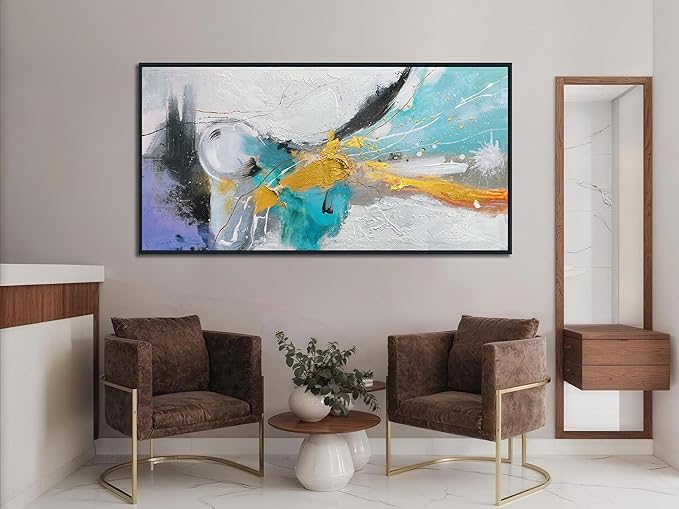 Arjun Large Abstract Wall Art for Living Room Wood Framed, Black and White Canvas Painting for Mens Room Textured Modern Picture Bedroom Home Office Wall Decor 48"x24"