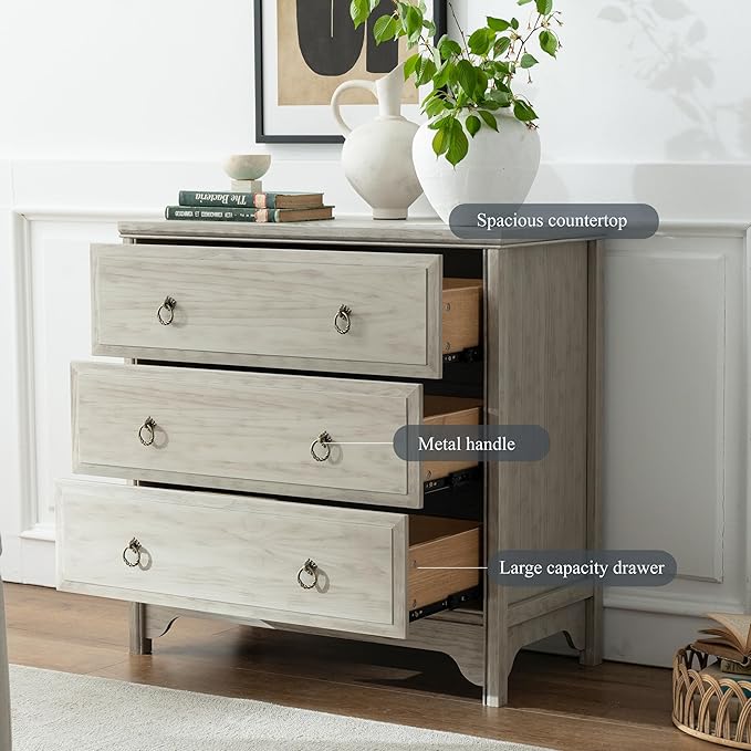 Chogori Solid Wood Dresser for Bedroom- Natural Wood Veneers & Water Based Paint Finished- Vintage Chests of Drawers, Small 3 Drawer Dresser (1, Antique Gray)